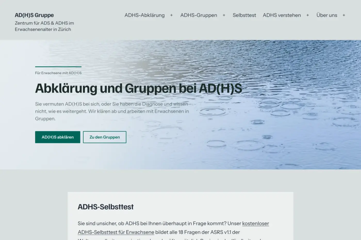 Bildschirmfoto der Website ADHS Gruppe Zürich