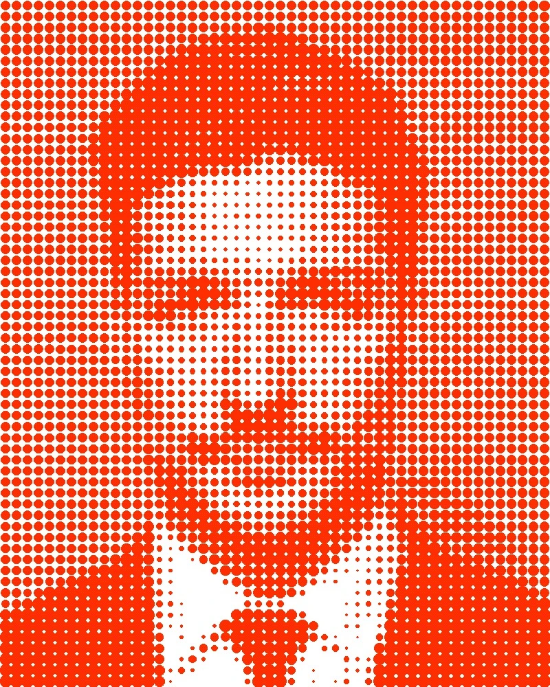 Gerastertes Porträt von Robin Stohler, aufgebaut aus roten Kreisen